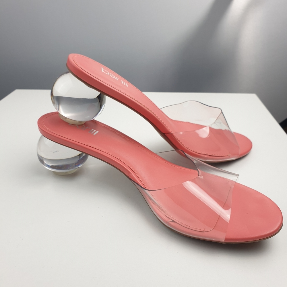 Bar Cally statement mules clear heel sandals Coral Vinyl open toe  8.5